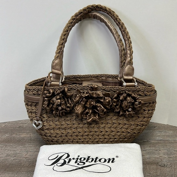Brighton Woven Handbag/Satchel Embellished w/Metallic Leather Flower Appliqués - Picture 1 of 15